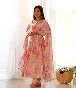 Women soft faux georgette floral print fully flair anarkali pant with dupatta set