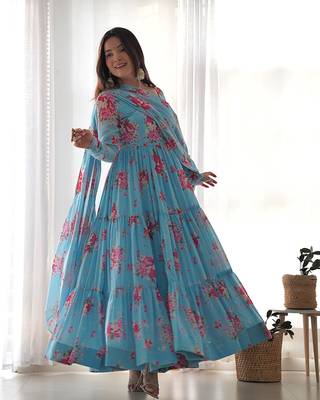  soft faux georgette floral print fully flair anarkali pant with dupatta set 1