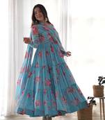  soft faux georgette floral print fully flair anarkali pant with dupatta set