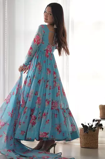  soft faux georgette floral print fully flair anarkali pant with dupatta set