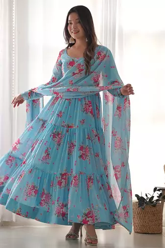  soft faux georgette floral print fully flair anarkali pant with dupatta set