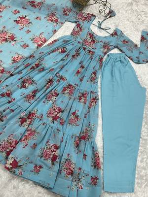  soft faux georgette floral print fully flair anarkali pant with dupatta set 4