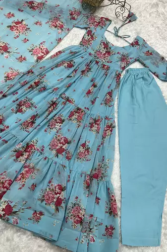  soft faux georgette floral print fully flair anarkali pant with dupatta set