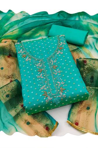 Handcrafted ethnic green colour faux cotton salwar kameez for graceful festive looks in girlish style