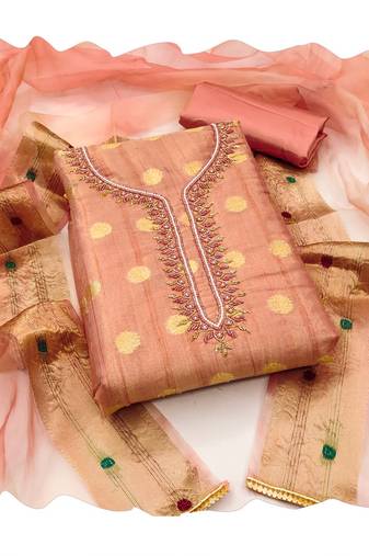 Handcrafted ethnic peach colour faux cotton salwar kameez for graceful festive looks in girlish style