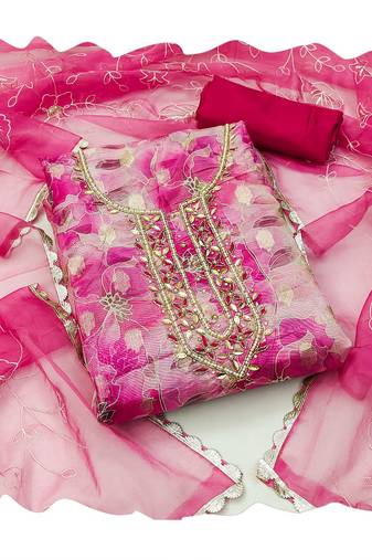 Handcrafted ethnic pink colour organza salwar kameez for graceful floral designer looks in trendy style