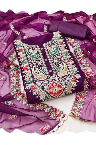 Handcrafted ethnic purple colour organza salwar kameez for graceful wedding looks in party style