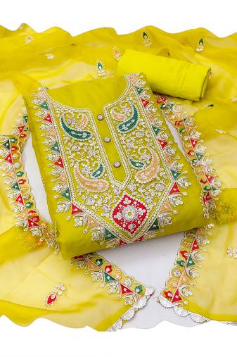Handcrafted ethnic yellow colour organza salwar kameez for graceful wedding looks in party style