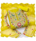 Handcrafted ethnic yellow colour organza salwar kameez for graceful wedding looks in party style