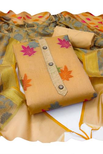 Handcrafted ethnic peach colour art silk salwar kameez for graceful floral designer looks in trendy style