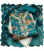 Handcrafted ethnic teal colour organza salwar kameez for graceful floral designer looks in girlish style