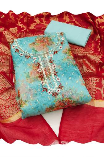 Handcrafted ethnic sea green colour organza salwar kameez for graceful floral designer looks in girlish style