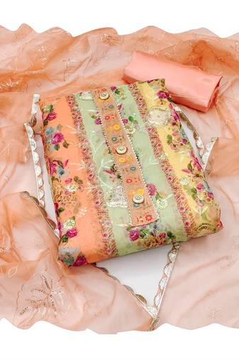 Handcrafted ethnic multi colour organza salwar kameez for graceful floral designer looks in girlish style