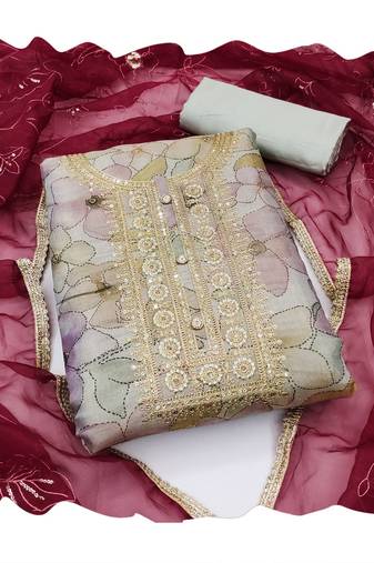 Handcrafted ethnic beige colour art silk salwar kameez for graceful floral designer looks in girlish style