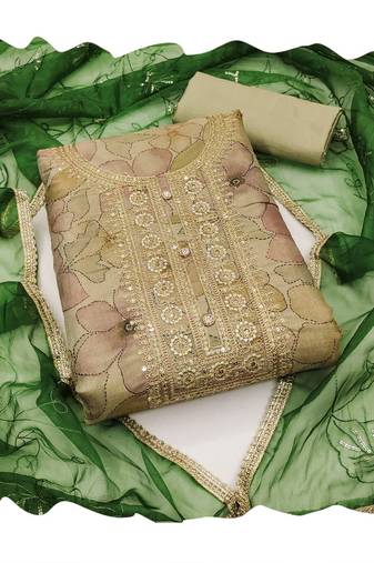 Handcrafted ethnic beige colour art silk salwar kameez for graceful floral designer looks in girlish style
