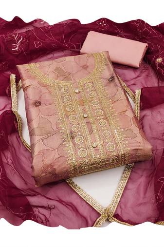 Handcrafted ethnic peach colour art silk salwar kameez for graceful floral designer looks in girlish style