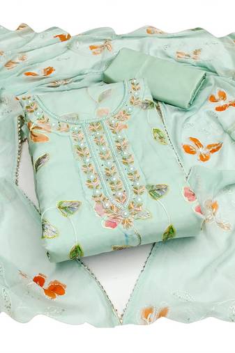 Handcrafted ethnic sea green colour organza salwar kameez for graceful beautiful floral looks in girlish style
