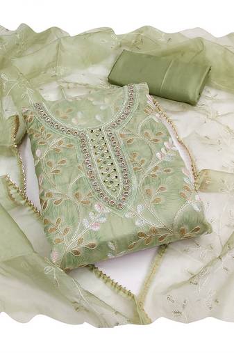 Handcrafted ethnic green colour organza salwar kameez for graceful beautiful floral looks in girlish style