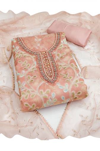 Handcrafted ethnic peach colour organza salwar kameez for graceful beautiful floral looks in girlish style