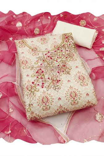 Handcrafted ethnic cream colour faux cotton salwar kameez for graceful heavy partywear looks in designer style