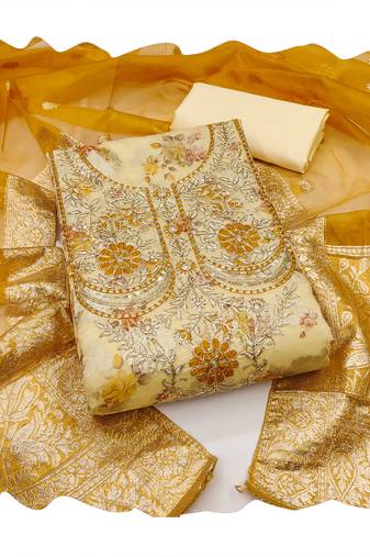 Handcrafted ethnic yellow colour banarasi salwar kameez for graceful heavy partywear looks in designer style