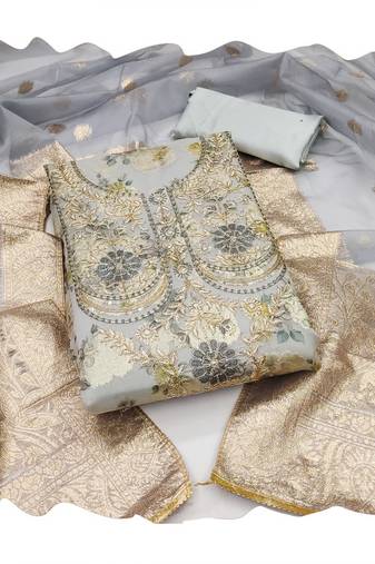 Handcrafted ethnic grey colour banarasi salwar kameez for graceful heavy partywear looks in designer style