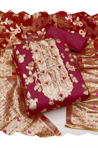 Handcrafted ethnic maroon colour organza salwar kameez for graceful heavy partywear looks in designer style