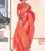 Orange Handloom Silk Jacquard Woven Saree With Blouse