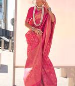 Rani Pink Handloom Silk Jacquard Woven Saree With Blouse