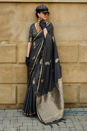 Black Satin Silk Jacquard Woven Saree With Blouse