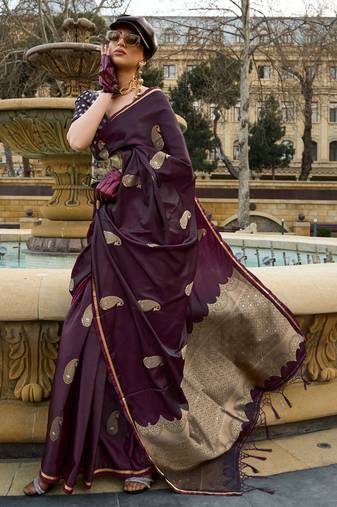 Wine Satin Silk Jacquard Woven Saree With Blouse