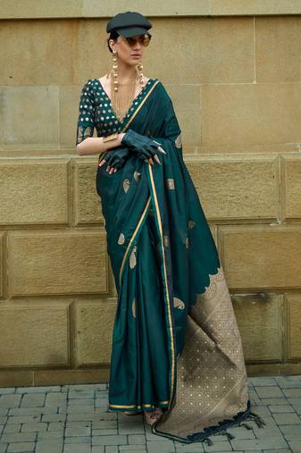 Dark Green Satin Silk Jacquard Woven Saree With Blouse