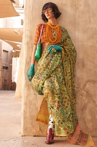 Light Green Handloom Tissue Printed Saree With Blouse