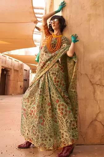 Light Green Handloom Tissue Printed Saree With Blouse
