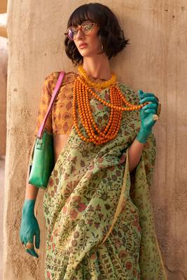 Light Green Handloom Tissue Printed Saree With Blouse 3