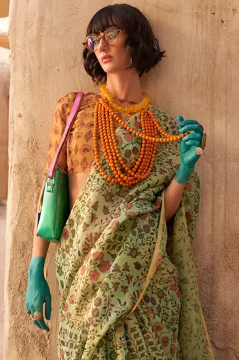 Light Green Handloom Tissue Printed Saree With Blouse