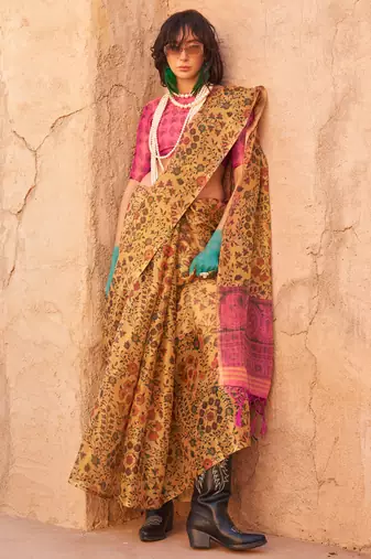 Mustard Handloom Tissue Printed Saree With Blouse