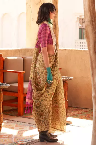 Mustard Handloom Tissue Printed Saree With Blouse