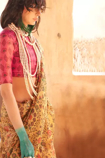 Mustard Handloom Tissue Printed Saree With Blouse