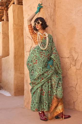 Pista Green Handloom Tissue Printed Saree With Blouse