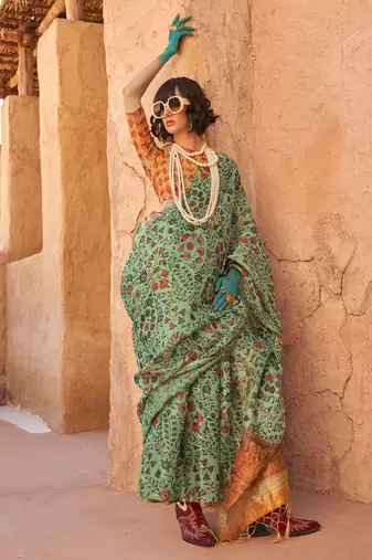 Pista Green Handloom Tissue Printed Saree With Blouse