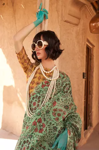 Pista Green Handloom Tissue Printed Saree With Blouse