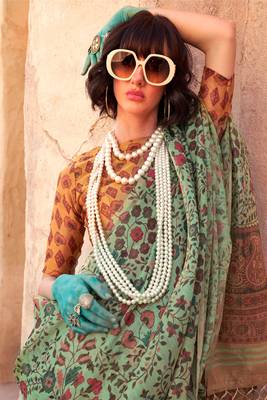 Pista Green Handloom Tissue Printed Saree With Blouse 3