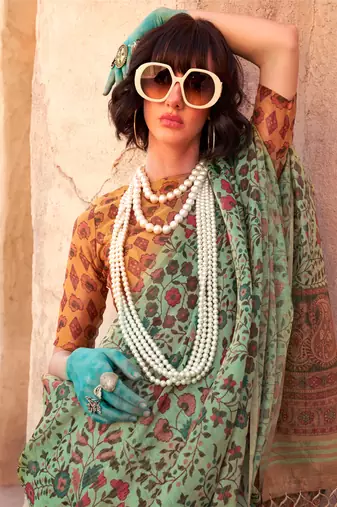 Pista Green Handloom Tissue Printed Saree With Blouse