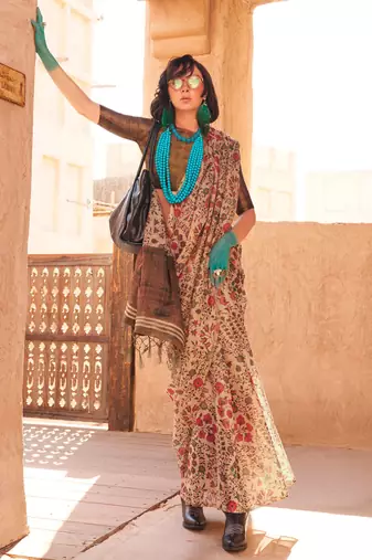 Cream Handloom Tissue Printed Saree With Blouse