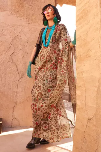Cream Handloom Tissue Printed Saree With Blouse