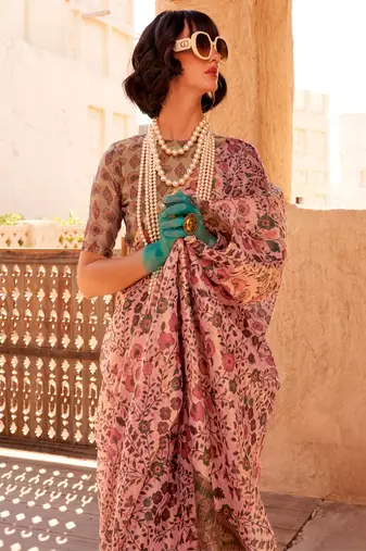 Light Pink Handloom Tissue Printed Saree With Blouse