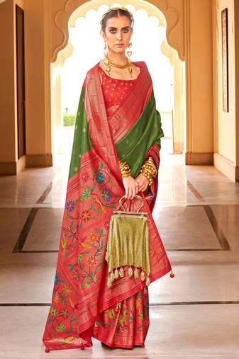 Mehendi Silk Jacquard Woven Saree With Blouse