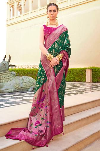 Dark Green Silk Jacquard Woven Saree With Blouse