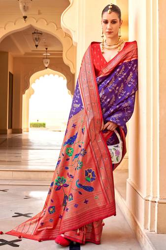 Violet Silk Jacquard Woven Saree With Blouse